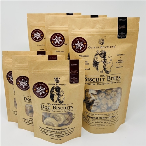 Ollie B. Bites - three half-Pound Bags and three 2 ounce bags of Sensitive Digestion Formula Dog Treats, Honey-Ginger Flavor